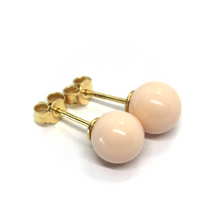 Load image into Gallery viewer, 18k yellow gold 8mm balls spheres pink reconstructed coral button earrings.
