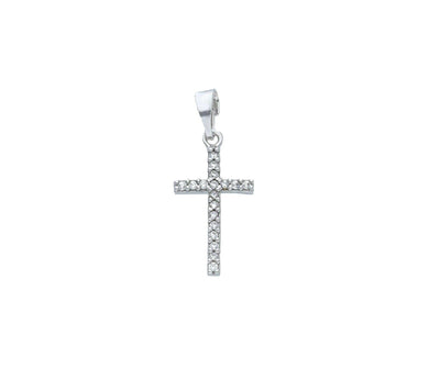 SMALL 18K WHITE GOLD 10mm SQUARE CROSS WITH WHITE CUBIC ZIRCONIA.