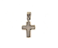 18k white gold small 13mm rounded stylized cross with mother of pearl pendant.