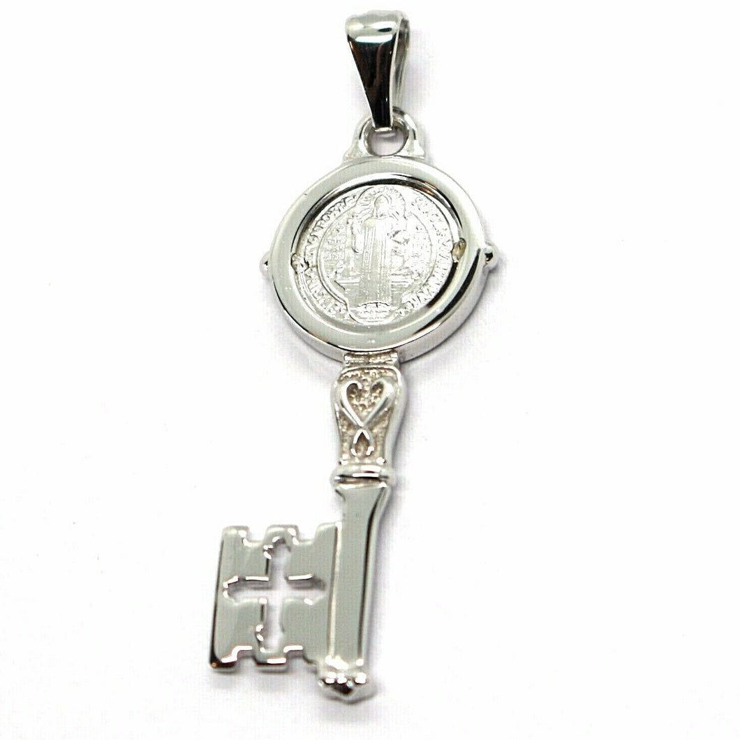 SOLID 18K WHITE GOLD KEY PENDANT, SAINT BENEDICT MEDAL, CROSS, 1.2 INCHES.