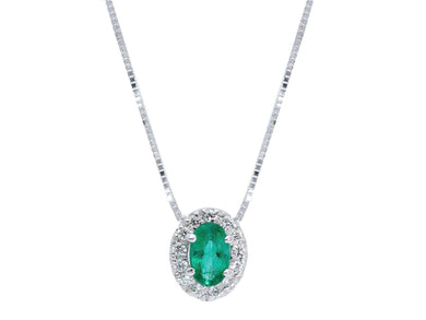 18k white gold necklace oval 0.24 emerald, diamonds frame pendant venetian chain.