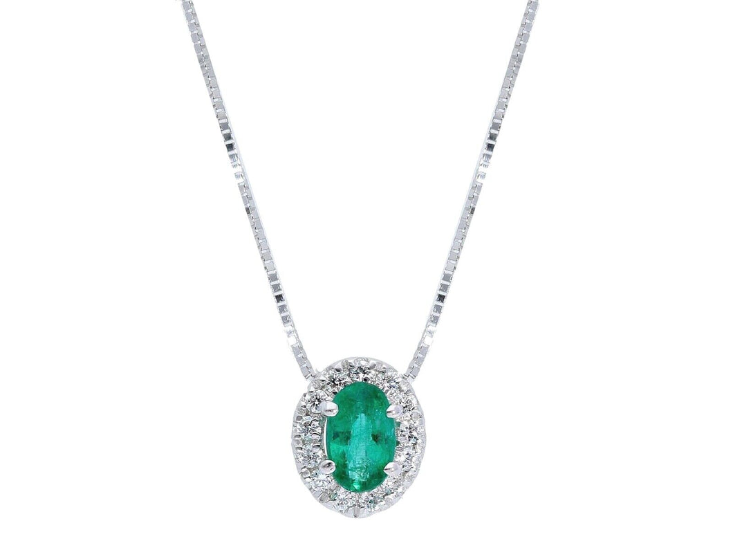 18k white gold necklace oval 0.24 emerald, diamonds frame pendant venetian chain.