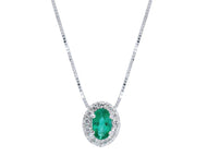 18k white gold necklace oval 0.24 emerald, diamonds frame pendant venetian chain.