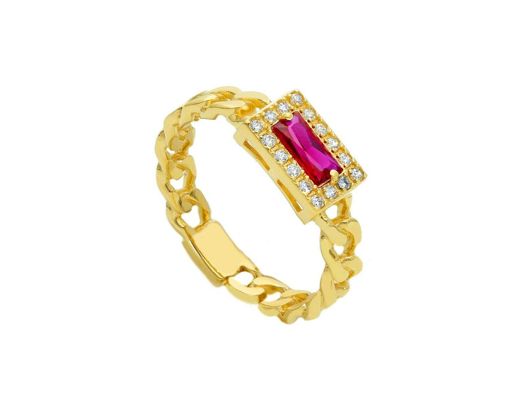 18K YELLOW GOLD RING, GOURMETTE CUBAN CURB CHAIN, SQUARE RED CENTRAL ZIRCONIA.