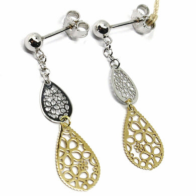 18K YELLOW WHITE GOLD PENDANT EARRINGS, DOUBLE FLAT DROPS WITH FLOWERS, 3.5cm.