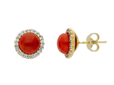 18K YELLOW GOLD CABOCHON RED CORAL BUTTON EARRINGS, 12mm CUBIC ZIRCONIA FRAME.