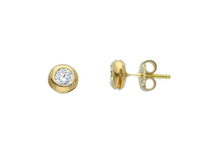 18K YELLOW GOLD BEZEL EARRINGS CUBIC ZIRCONIA WITH FRAME SOLITAIRE DIAMETER 6mm.