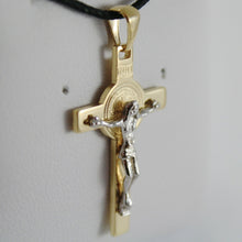 Load image into Gallery viewer, 18k yellow white gold Cross with Jesus &amp; st Saint Benedict medal.
