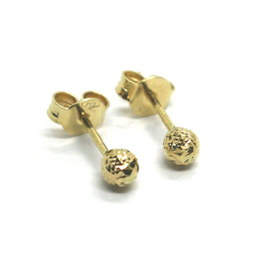 18k yellow gold earrings diamond cut worked faceted balls spheres small 4mm.