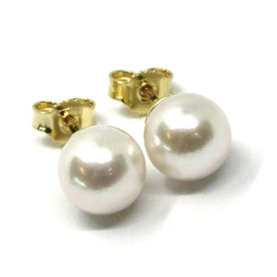 SOLID 18K YELLOW GOLD STUDS EARRINGS, SALTWATER AKOYA PEARLS, DIAMETER 8/8.5 MM.