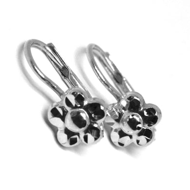 18k white gold kids earrings, finely hammered flower daisy leverback closure.