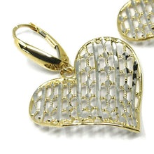 Load image into Gallery viewer, 18K YELLOW WHITE GOLD PENDANT EARRINGS ONDULATE WORKED HEART, SHINY, STRIPED.
