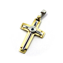 Load image into Gallery viewer, SOLID 18K YELLOW WHITE GOLD FLAT DOUBLE CROSS PENDANT 26mm 1.02&quot;, ITALY MADE.
