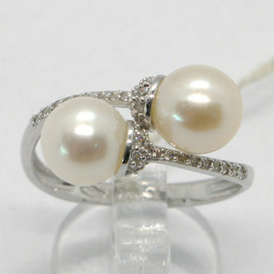 18k white gold band pearl zirconia ring double crossed, contrariè.