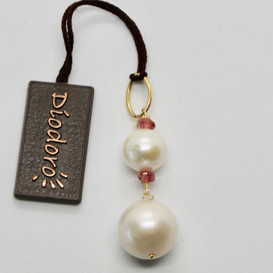 SOLID 18K YELLOW GOLD PENDANT WITH WHITE FW PEARL AND TOURMALINE MADE IN ITALY.