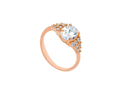 18K ROSE GOLD SOLITAIRE TRILOGY ENGAGEMENT RING WITH 6x5mm OVAL CUT ZIRCONIA.