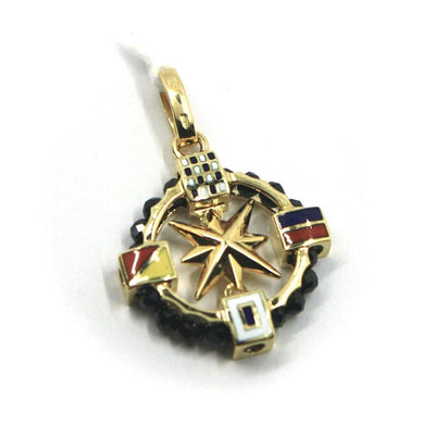 18k yellow gold compass wind rose pendant 2cm enamel nautical flags black spinel.