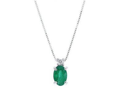 18k white gold necklace oval 0.4ct emerald & diamond pendant, venetian chain.
