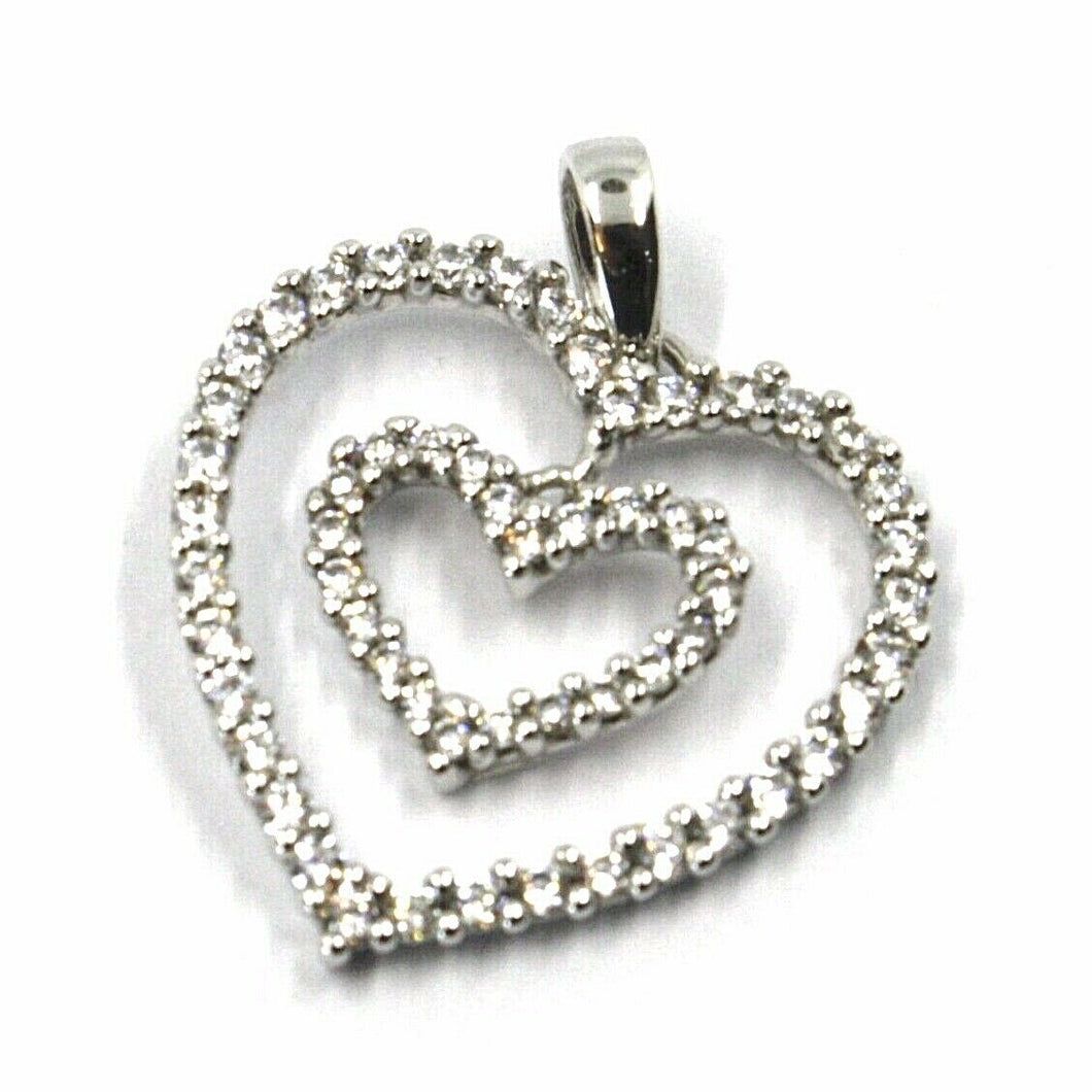 SOLID 18K WHITE GOLD PENDANT DOUBLE HEART WITH CUBIC ZIRCONIA, 18mm, 0.7 inches.