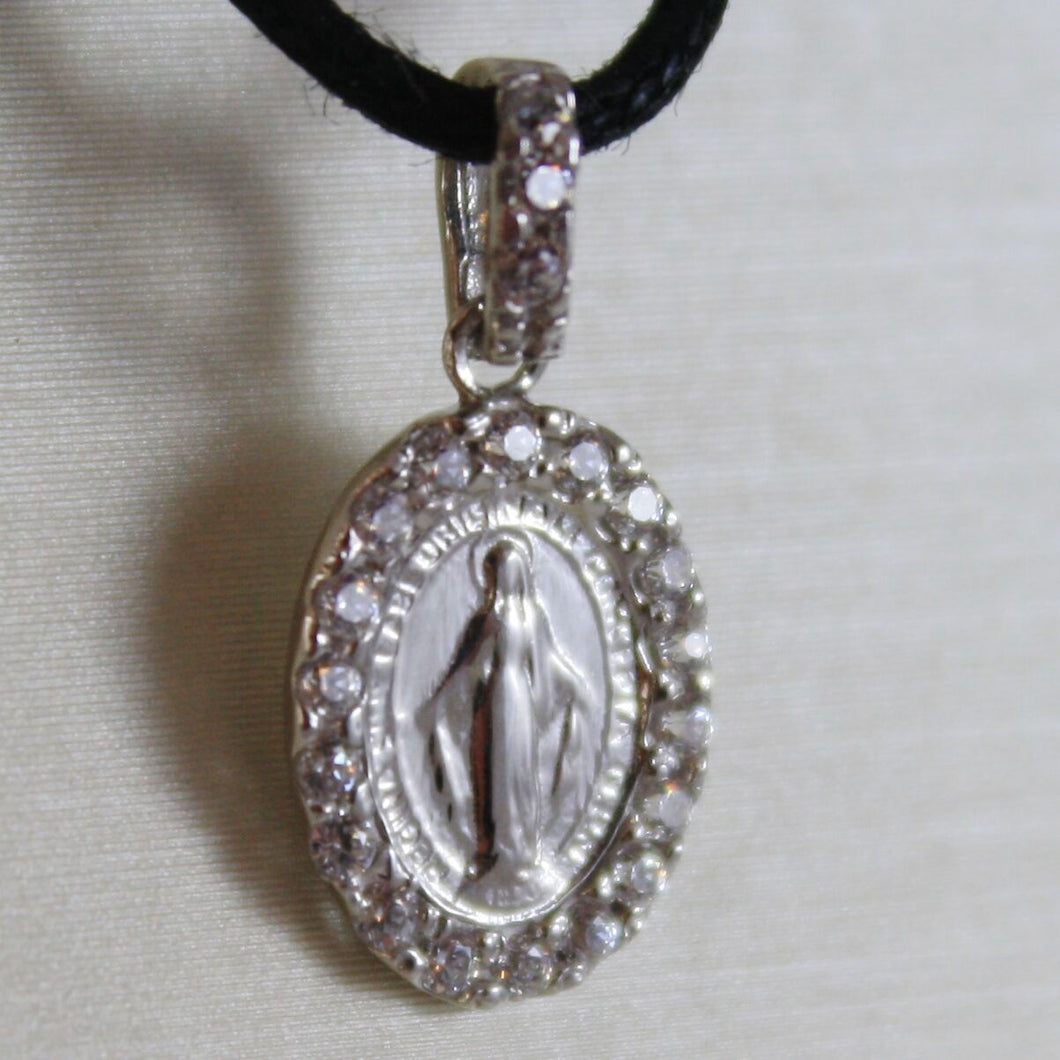 18k white gold zirconia mini miraculous medal Virgin Mary madonna.
