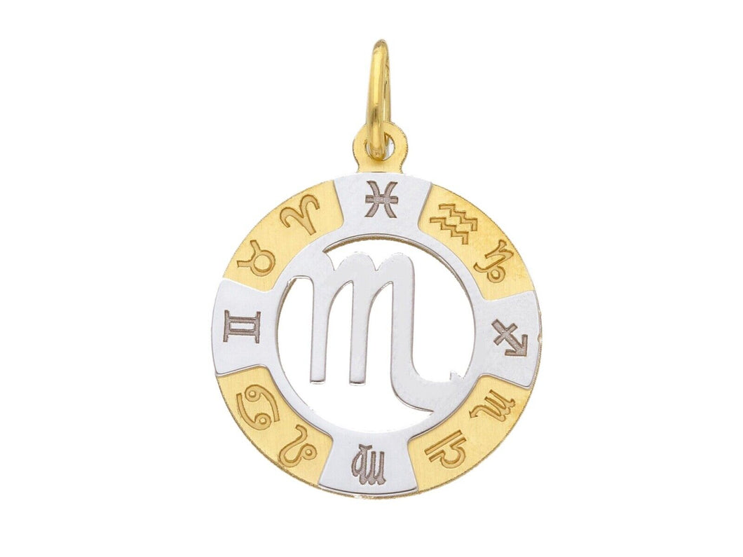 18k yellow white gold zodiac sign round 20mm medal pendant, zodiacal, scorpio.