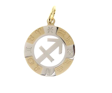 18k yellow white gold zodiac sign round 20mm medal pendant, zodiacal sagittarius.
