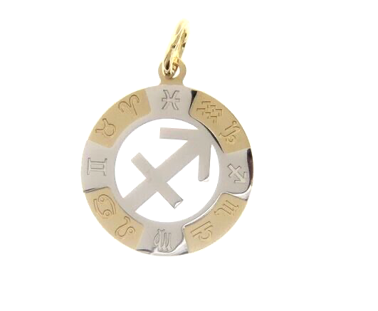 18k yellow white gold zodiac sign round 20mm medal pendant, zodiacal sagittarius.