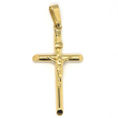 18k yellow gold big tube round cross with Jesus made in Italy, 45 mm, 1.8 inches.