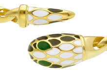 Load image into Gallery viewer, 18K YELLOW GOLD BANGLE RIGID BRACELET WITH WHITE BLACK AND GREEN ENAMEL SNAKE.
