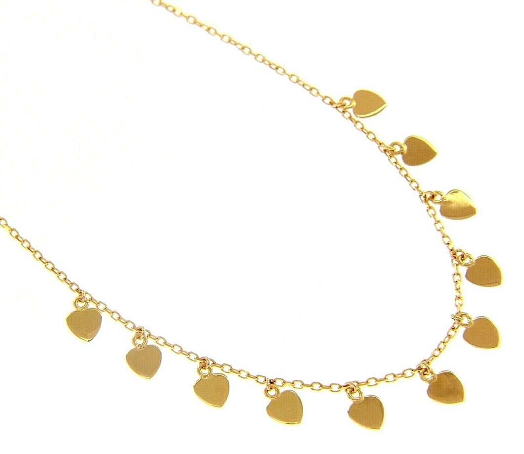 18K YELLOW GOLD NECKLACE 6mm FLAT HEART PENDANTS, SQUARE ROLO CHAIN, 16.5