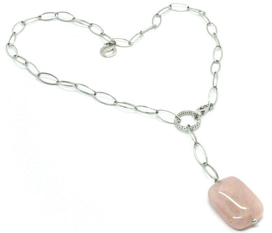 18k white gold lariat necklace, with big square rose quartz and zirconia pendant.