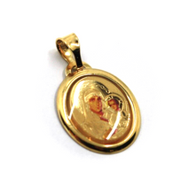 Load image into Gallery viewer, 18k yellow gold enamel Orthodox oval medal, 17x15mm, Virgin Mary and Jesus.
