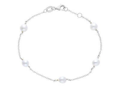18k white gold bracelet, rolo 1mm chain alternate white small pearls 5mm.