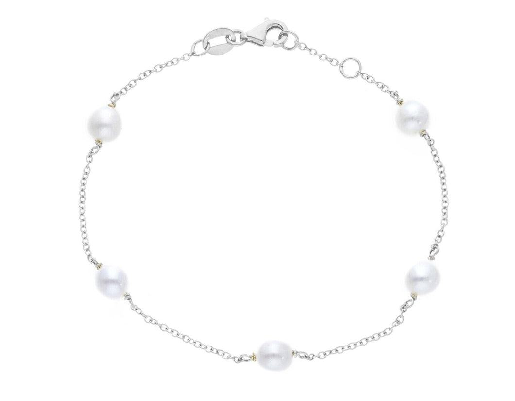 18k white gold bracelet, rolo 1mm chain alternate white small pearls 5mm