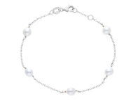 18k white gold bracelet, rolo 1mm chain alternate white small pearls 5mm.