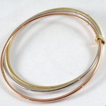 Load image into Gallery viewer, TRIPLE 18K ROSE YELLOW WHITE GOLD BANGLE RIGID BRACELET, SMOOTH, MADE IN ITALY.
