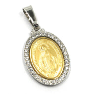 18k yellow white gold cubic zirconia Miraculous big 24mm medal pendant Virgin Mary Madonna.
