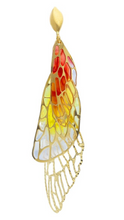 Load image into Gallery viewer, 18k yellow gold pendant 55mm earrings worked double red and yellow enamel wings.
