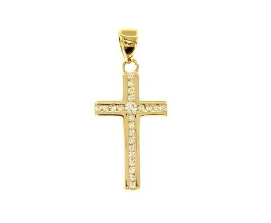 18K YELLOW GOLD 15mm SMALL CROSS WITH CHANNEL SET WHITE CUBIC ZIRCONIA.