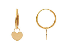 Load image into Gallery viewer, 18k rose gold earrings, round 14mm circle hoops, small pendant 8mm hearts.
