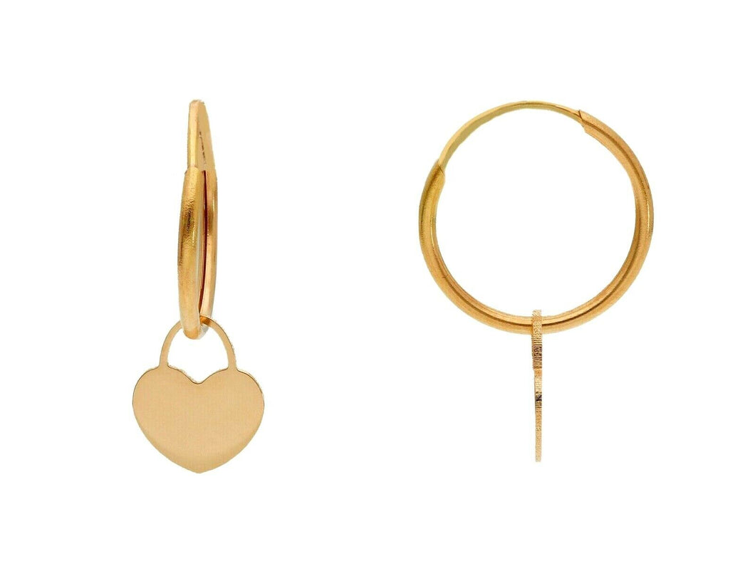 18k rose gold earrings, round 14mm circle hoops, small pendant 8mm hearts.