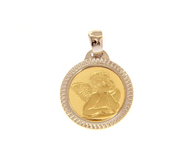 18K YELLOW WHITE GOLD PENDANT ROUND MEDAL GUARDIAN ANGEL 17mm WORKED FRAME.