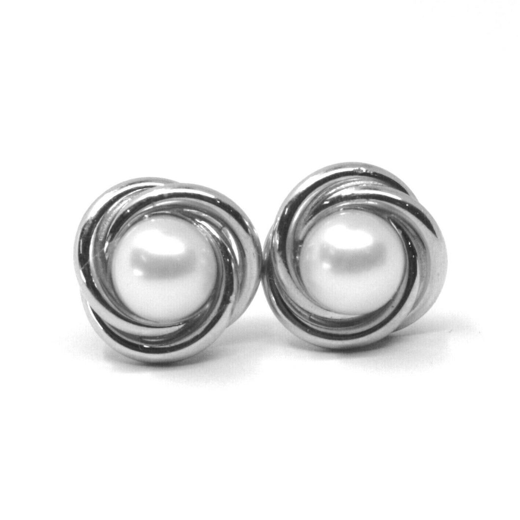 18k white gold pearl button earrings, 11 mm, 0.43 inches, flower braided spiral.