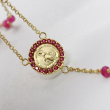 Load image into Gallery viewer, 18k yellow gold rosary necklace, faceted red ruby root, Cross &amp; miraculous medal.
