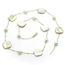 Load image into Gallery viewer, 18k yellow gold necklace, with alternate fw pearls and square mother of pearl.

