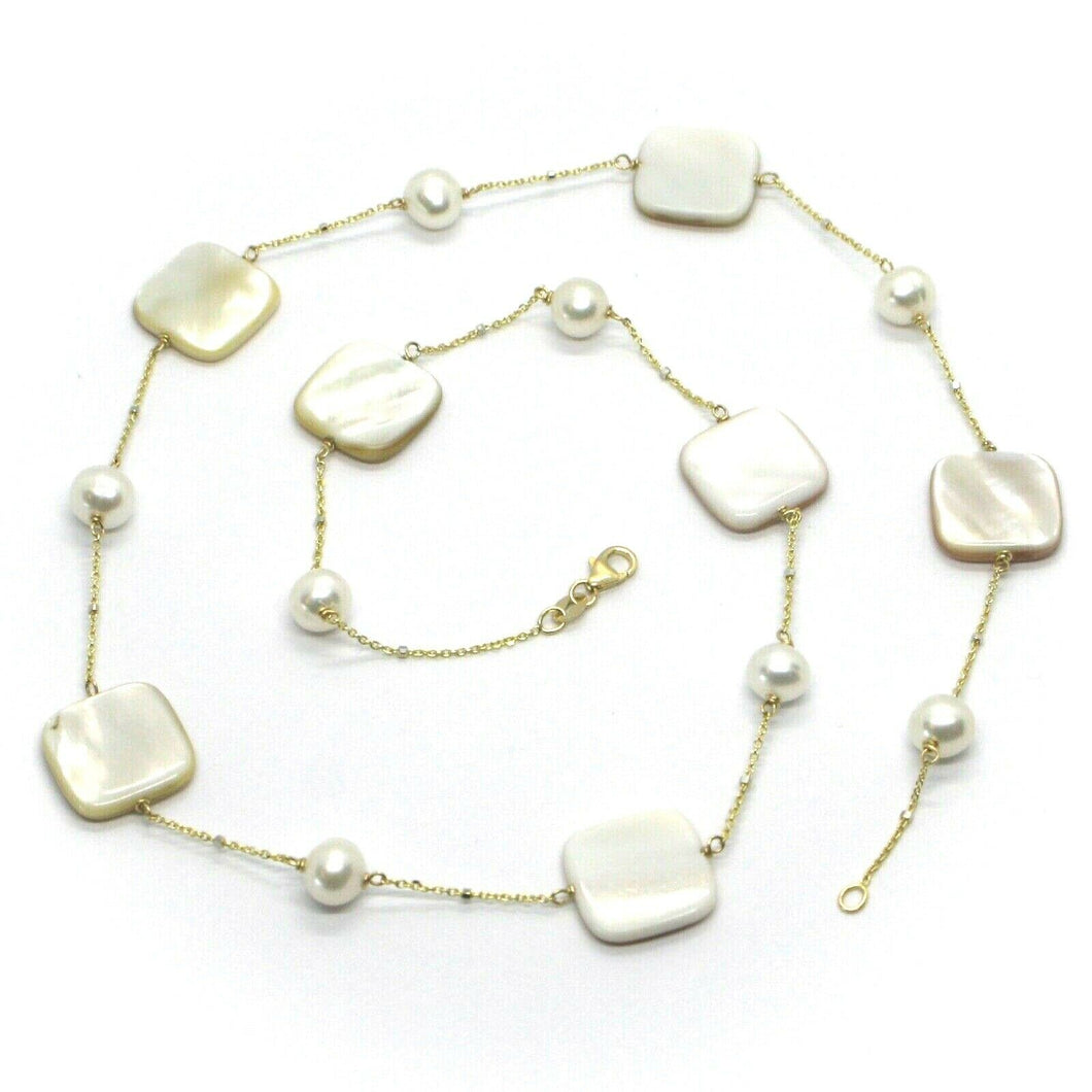 18k yellow gold necklace, with alternate fw pearls and square mother of pearl