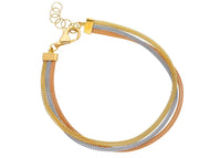 18K YELLOW WHITE ROSE GOLD BRACELET 2mm TRIPLE TUBE, FABRIC EFFECT, 17cm 6.7