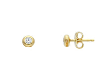 Load image into Gallery viewer, 18K YELLOW GOLD BEZEL EARRINGS CUBIC ZIRCONIA WITH FRAME SOLITAIRE DIAMETER 4mm.
