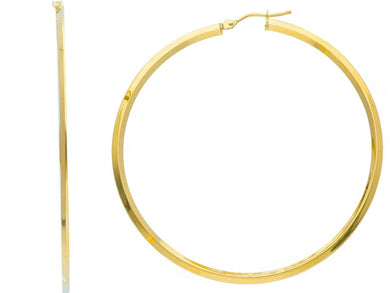 18K YELLOW GOLD CIRCLE EARRINGS DIAMETER 50 MM WITH RHOMBUS TUBE, MADE IN ITALY.