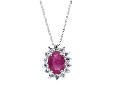 18k white gold necklace oval 0.99 ruby diamonds frame pendant, venetian chain.
